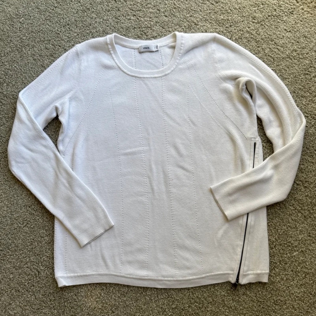 Vince Sz S White Fine Ribbed Pointelle Pattern 12” Side Zipper Stretch Knit Top